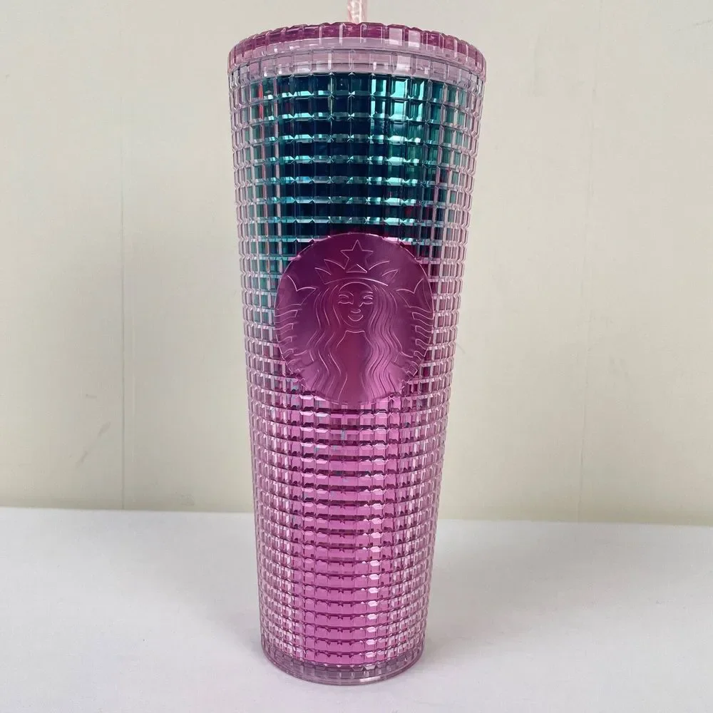 Starbucks 2021‎ Pink Teal Grid Cup Tumbler 24 oz